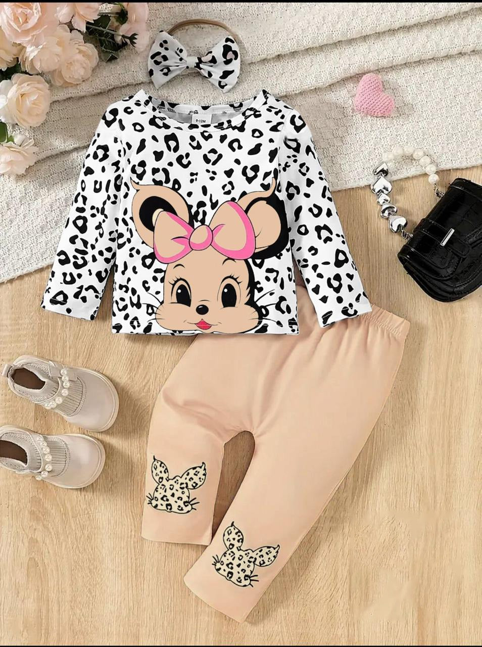 White Cat Printed Shirt With Skin Printed Trouser Kids Suit