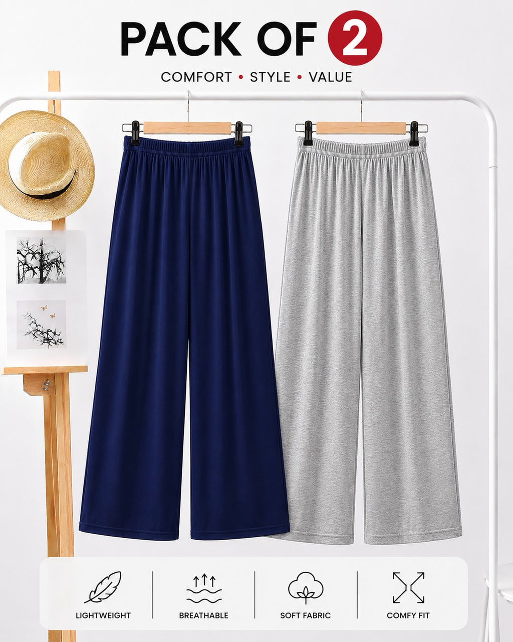 Pack Of 2 Plazo Trousers For Girls ( Grey and Navy Blue )