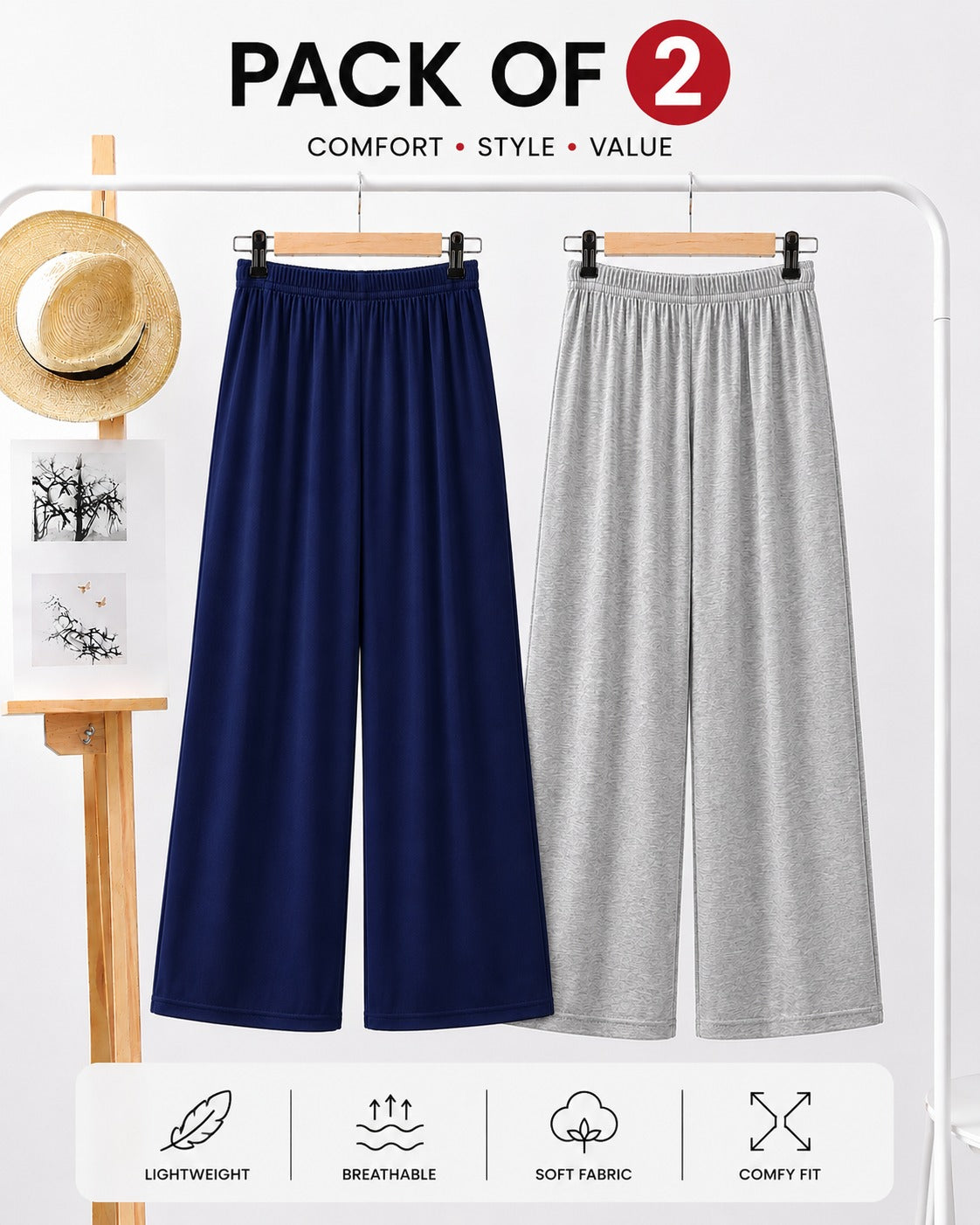 Pack Of 2 Plazo Trousers For Girls ( Grey and Navy Blue )