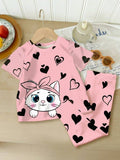 Pink Kitty With Black Hearts Printed Kids Suit