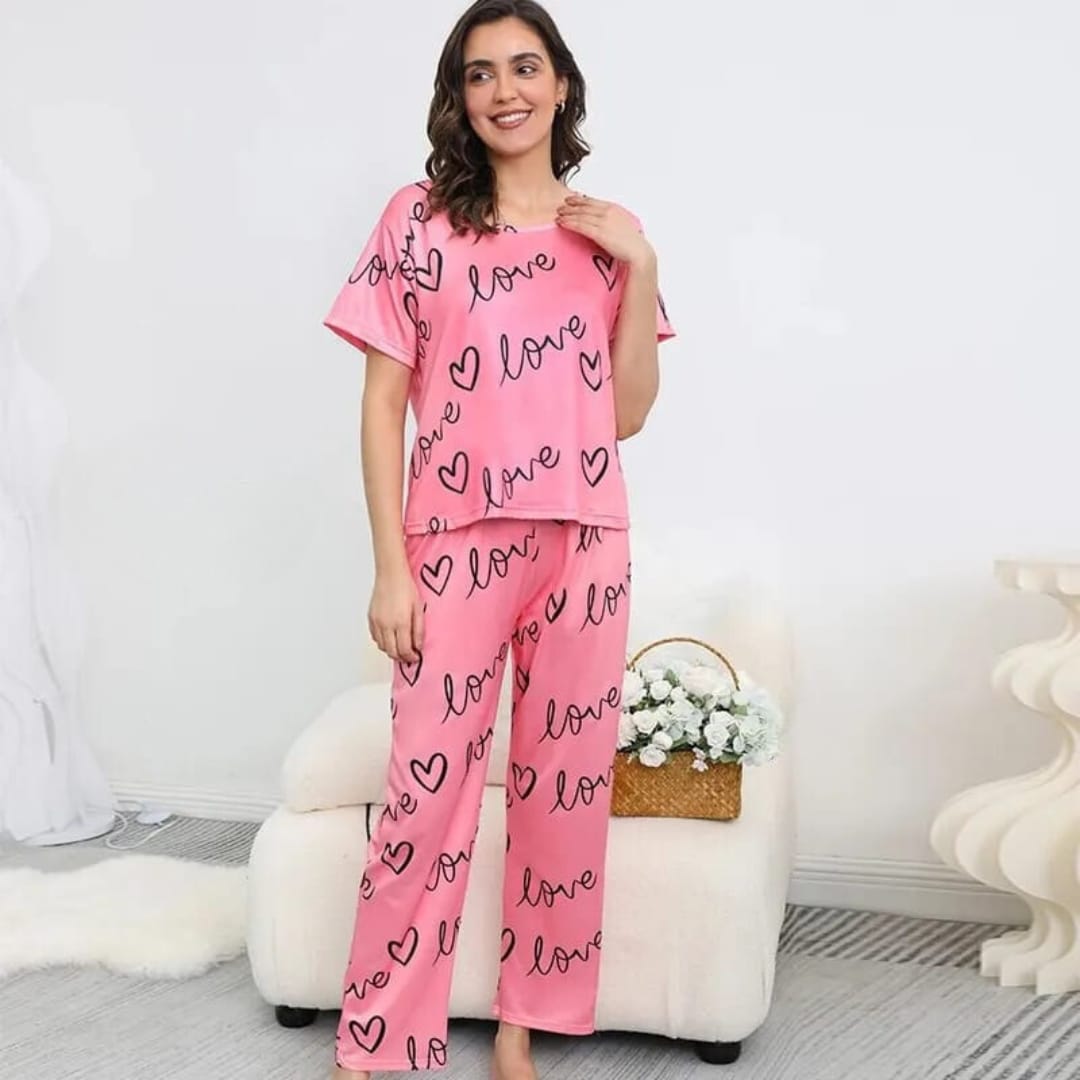 Pink Love Printed Half Sleeves T-Shirt and Love Printed Trouser Night Wear