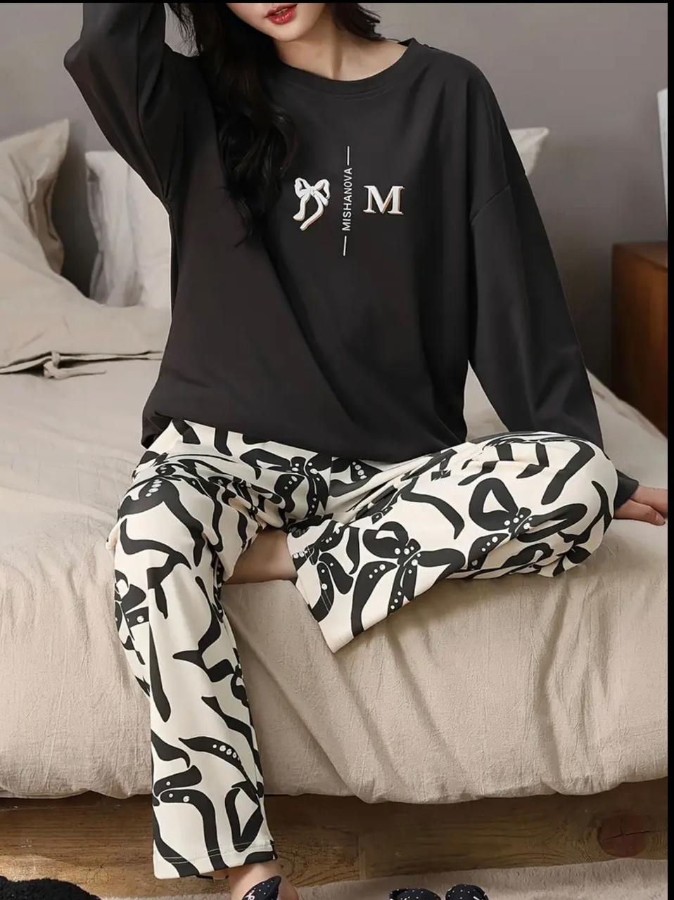 Black Ribbon Full Sleeves Shirt and Printed Trouser Night Wear