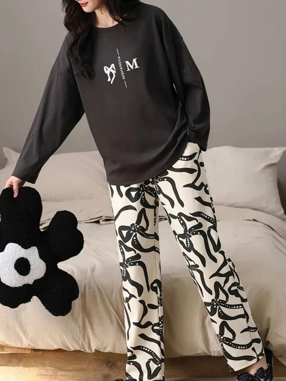 Black Ribbon Full Sleeves Shirt and Printed Trouser Night Wear