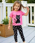 Pink With Black Cat Printed Kids Suit