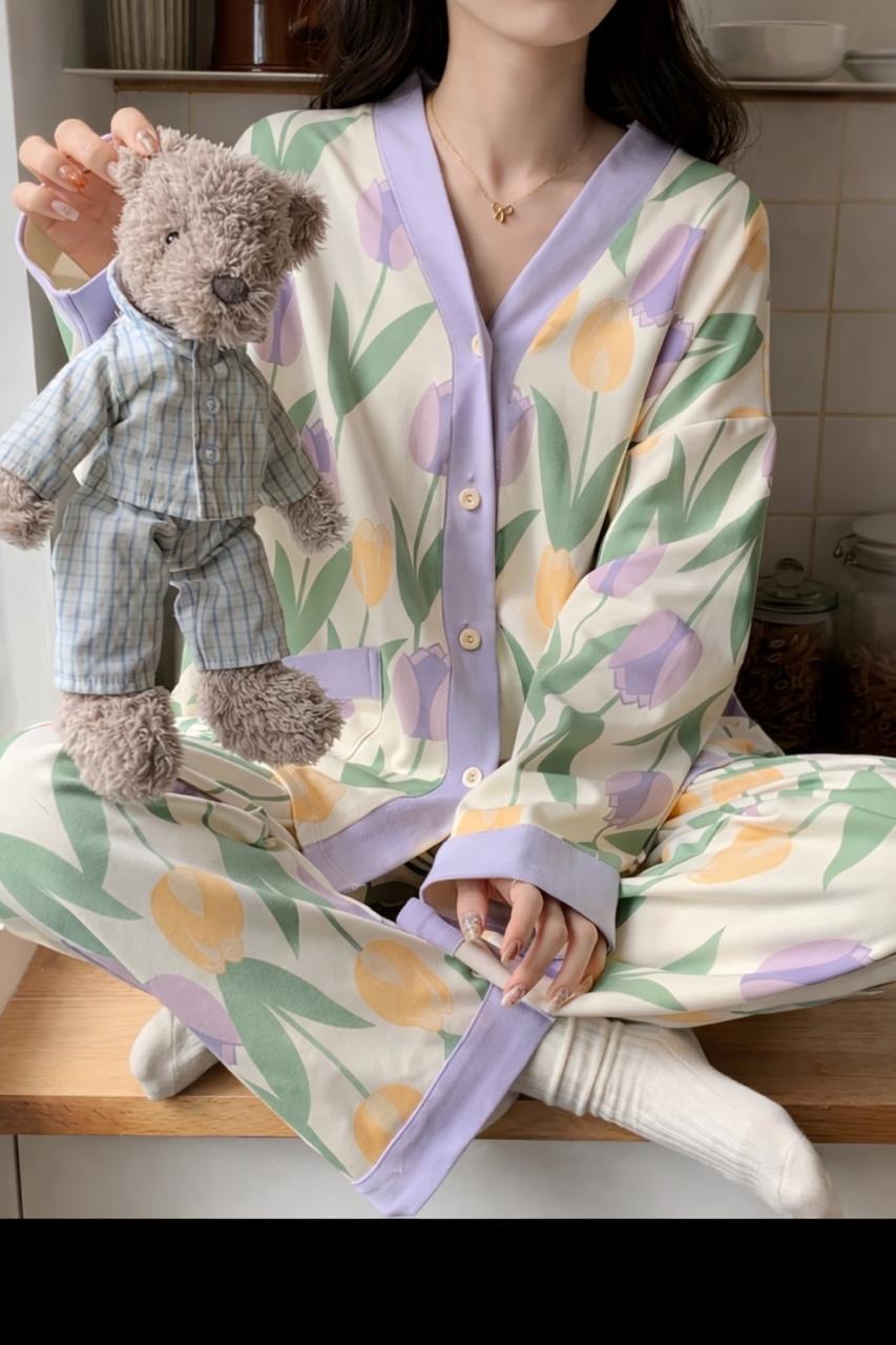 Purple Flower Printed Front Button Night Wear