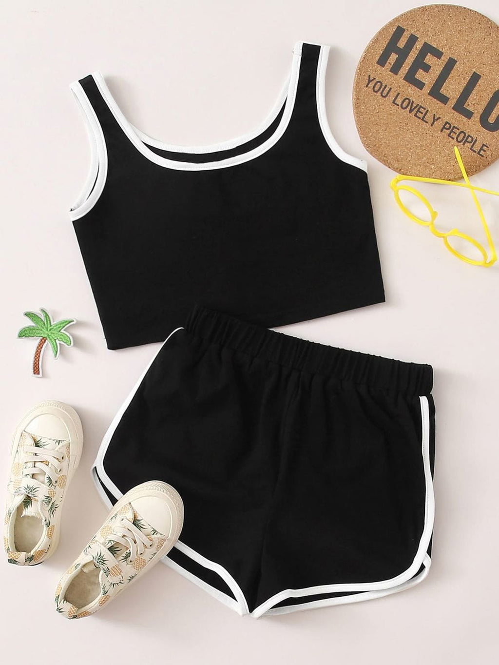 Black With White Pipen Crop Top & Short Set