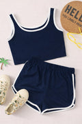 Navy Blue With White Pipen Crop Top & Short Set