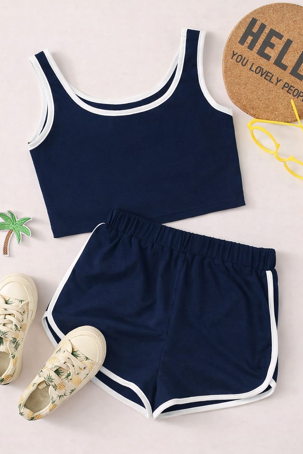 Navy Blue With White Pipen Crop Top & Short Set