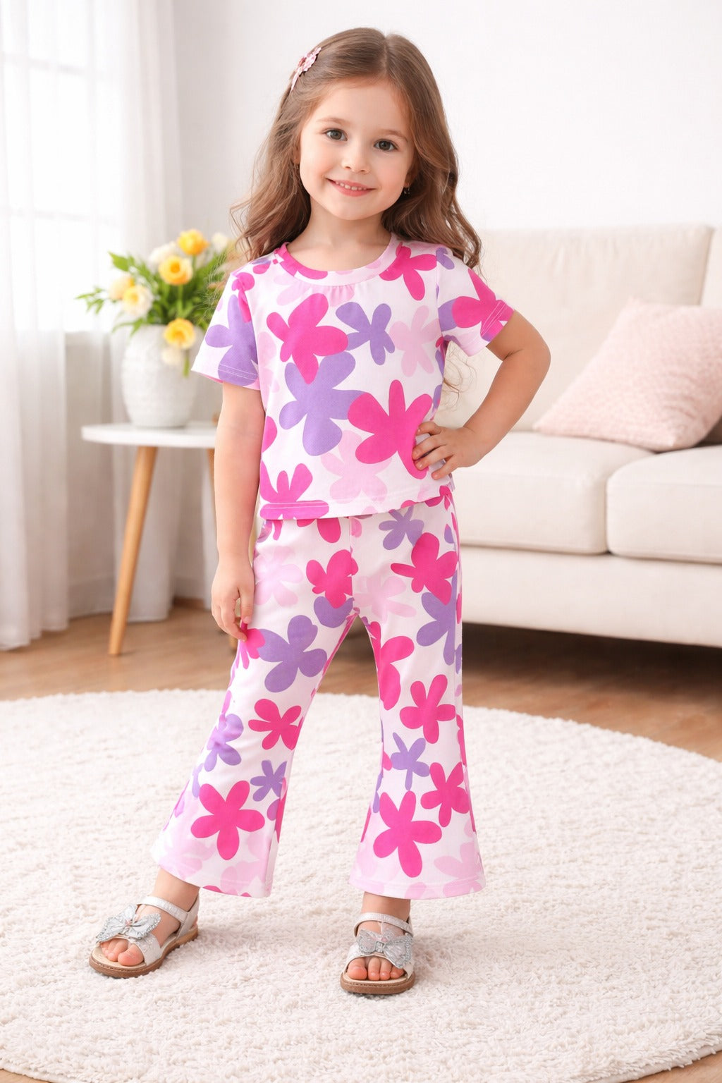 Off White Multi Flowers Printed Kids Suit