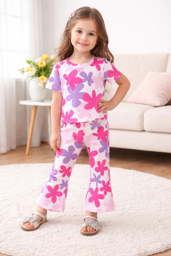 Off White Multi Flowers Printed Kids Suit