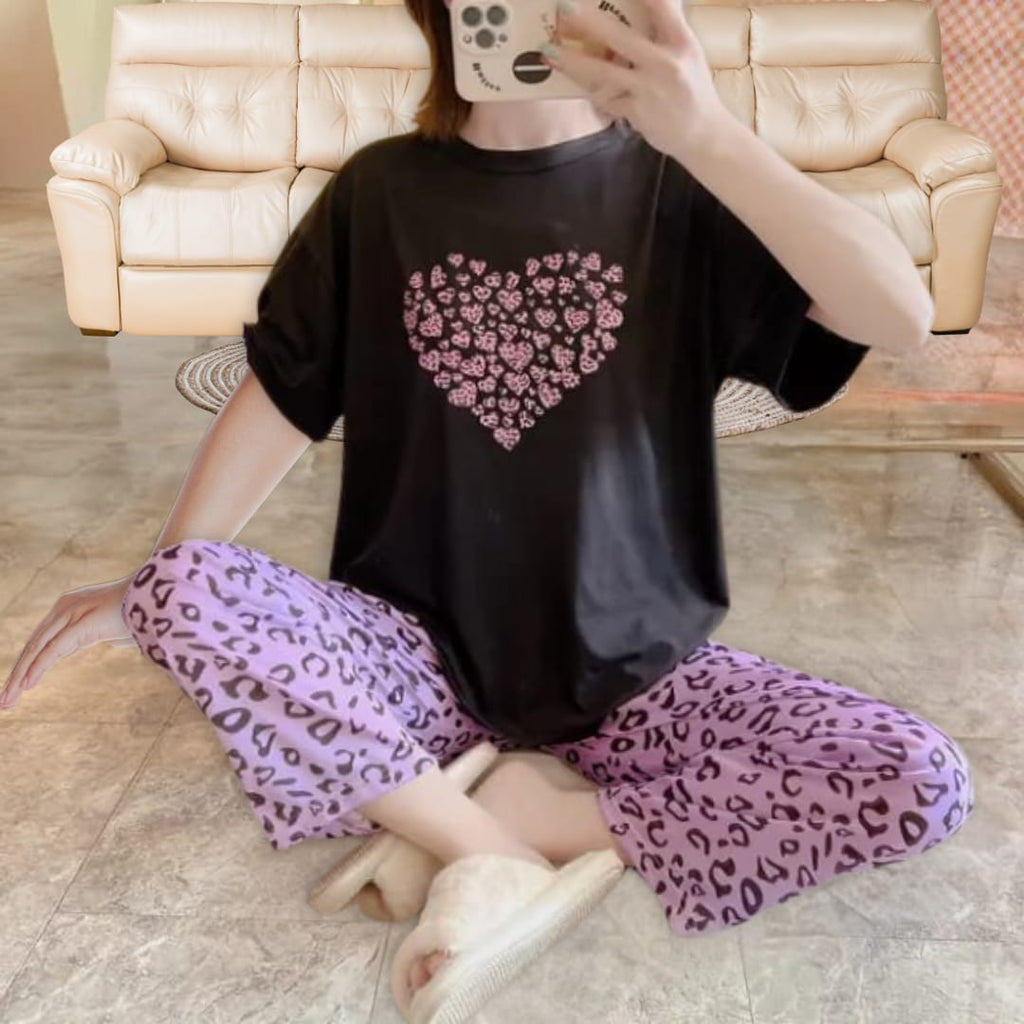 Black With Purple Heart Printed Shirt Half Sleeves And Purple Printed Trouser Night Wear