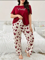 Mehroon Butterfly Printed Half Sleeves Shirt and Butterfly Printed Trouser Night Wear