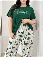 Green Butterfly Printed Half Sleeves Shirt and Butterfly Printed Trouser Night Wear
