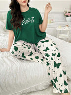 Green Butterfly Printed Half Sleeves Shirt and Butterfly Printed Trouser Night Wear
