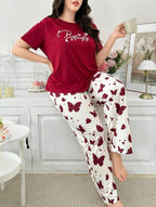 Mehroon Butterfly Printed Half Sleeves Shirt and Butterfly Printed Trouser Night Wear