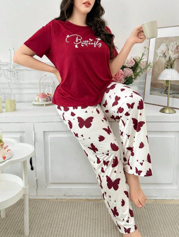 Mehroon Butterfly Printed Half Sleeves Shirt and Butterfly Printed Trouser Night Wear