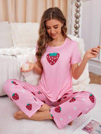 Pink Strawberry Printed Half Sleeves Night Wear
