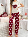 White Love Heart Half Sleeves Shirt And Printed Trouser Night Wear