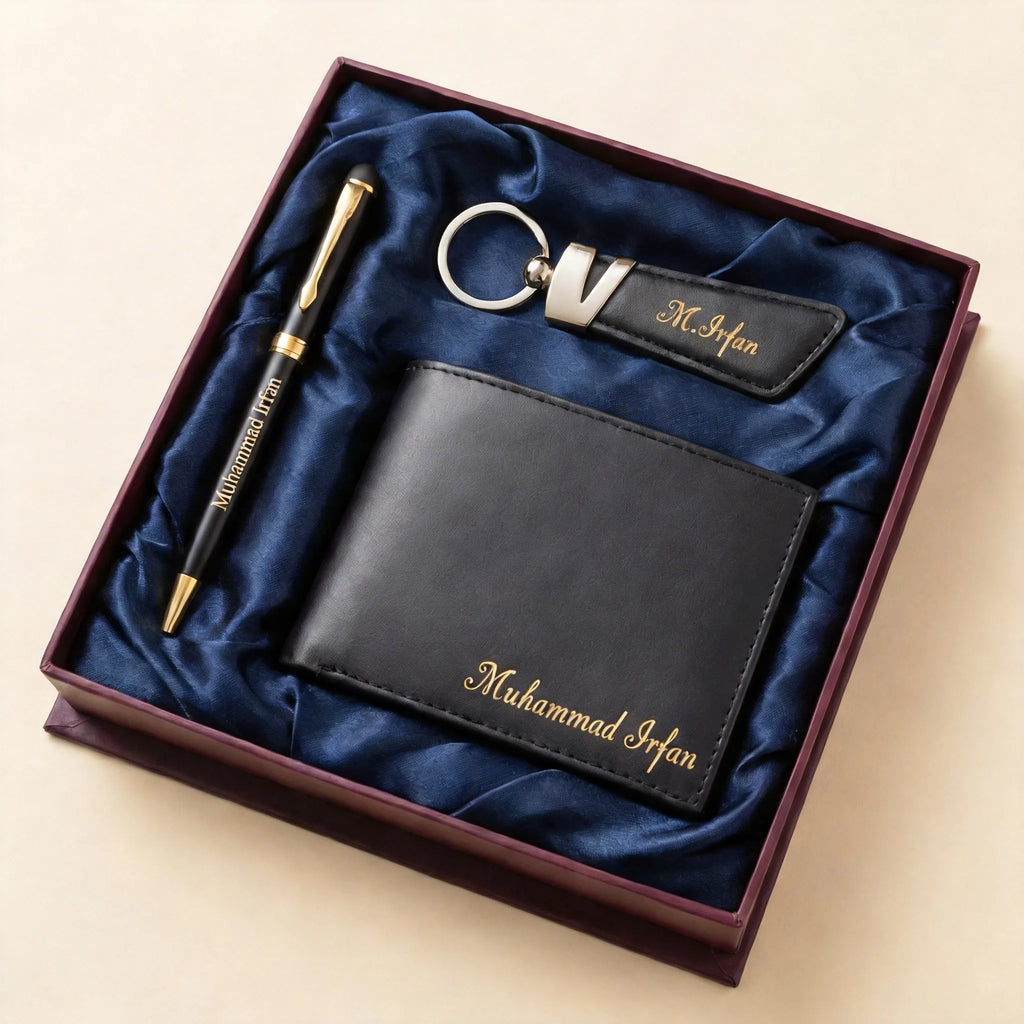 Personalized Leather Wallet Keychain & Pen with Name Engraving