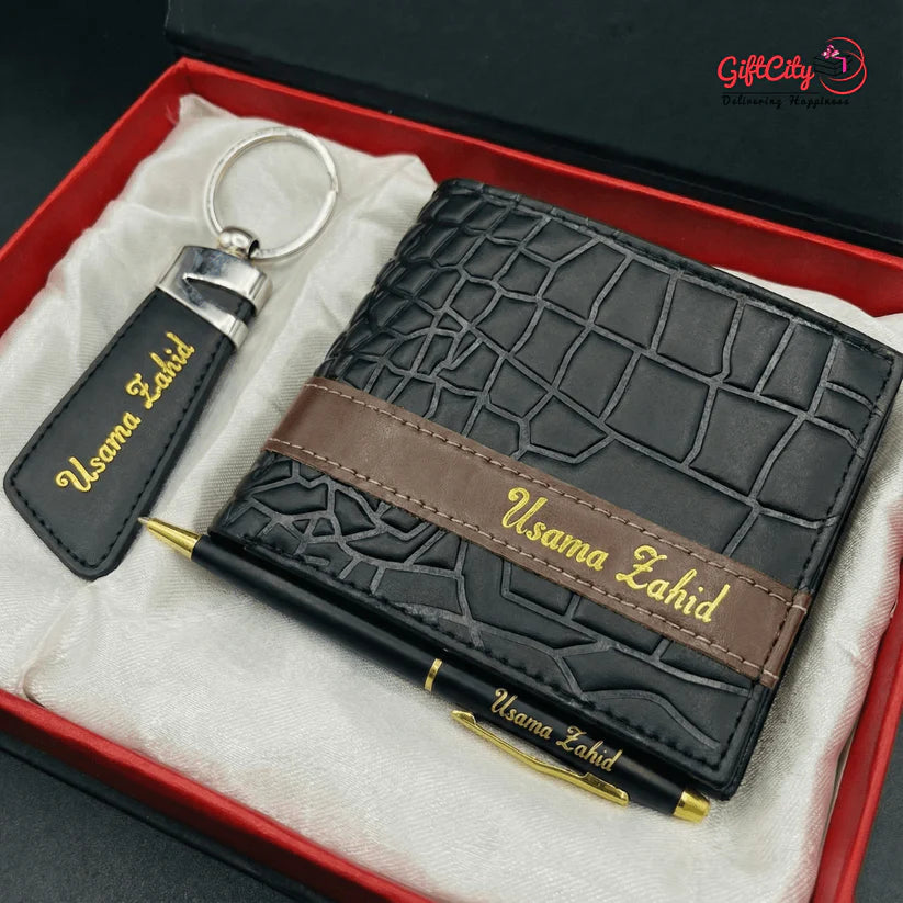 Luxury Personalized Black Wallet Gift Set for Men – Custom Name Wallet, Pen & Keychain