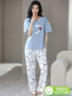 Sky Blue Strawberry Heart Printed Half Sleeves Shirt and Printed Trouser Night Wear