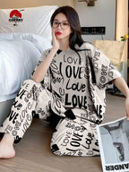 White Love Prineted Half Sleeves Shirt and Printed Trouser Night Wear