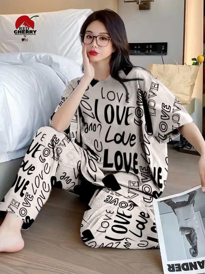 White Love Prineted Half Sleeves Shirt and Printed Trouser Night Wear