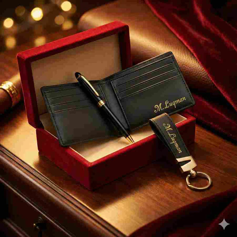 Personalized Men's Luxury Gift Set – Custom Engraved Leather Wallet, Pen & Keychain (Copy)