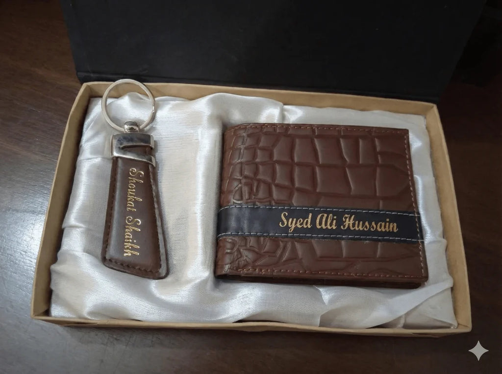 Luxury Personalized Brown Wallet Gift Set for Men – Custom Name Wallet & Keychain with Premium Pen