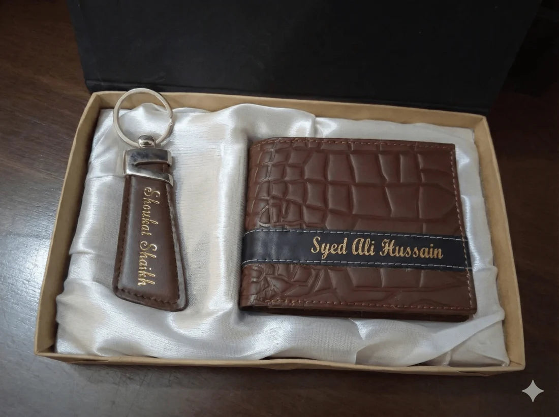 Luxury Personalized Brown Wallet Gift Set for Men – Custom Name Wallet & Keychain with Premium Pen
