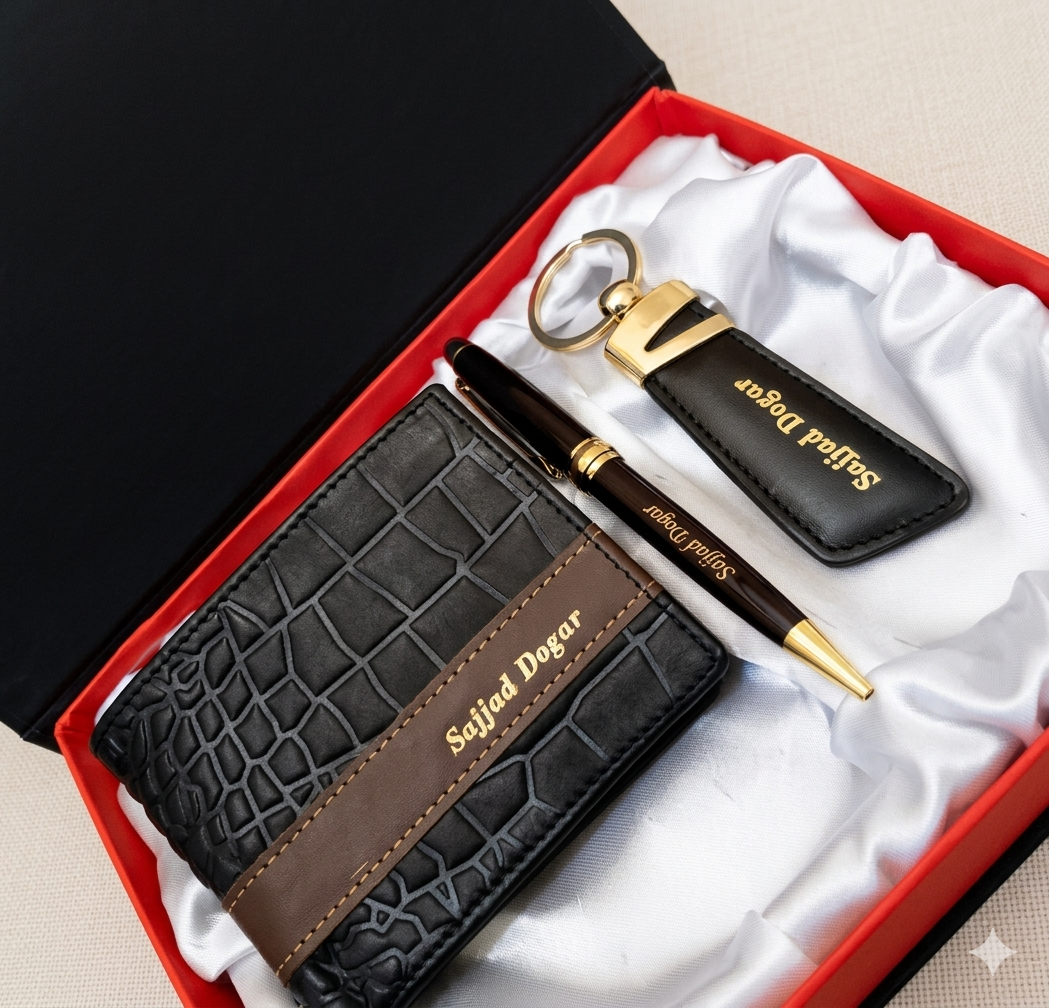 Personalized Leather Wallet Keychain & Pen with Name Engraving