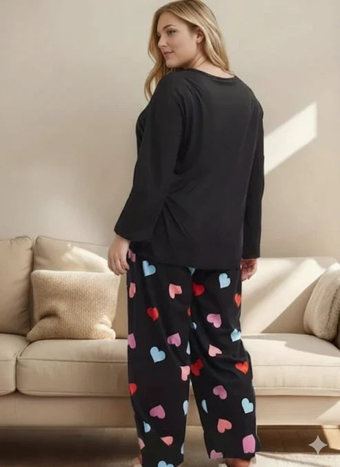 Black Four Multi Hearts Full Sleeves Shirt and Printed Trouser Night Wear