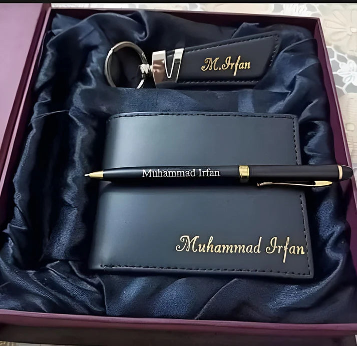 Personalized Leather Wallet Keychain & Pen with Name Engraving