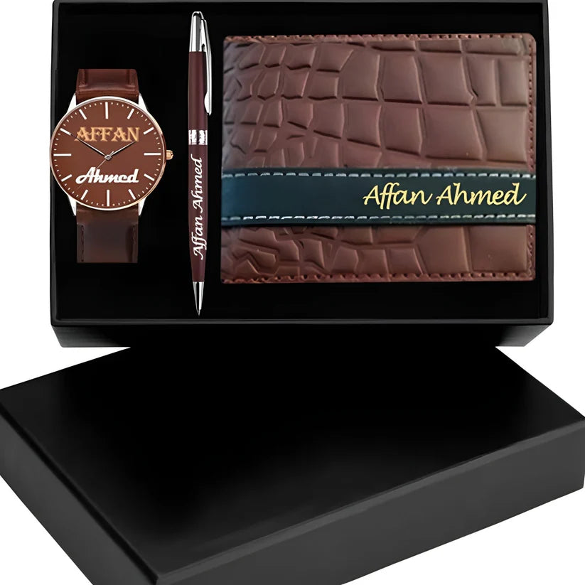 Personalized Leather Wallet Pen Watch Gift Set with Name Engraving Gift for Men