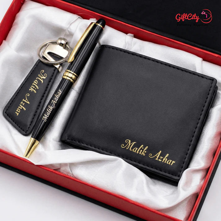 Personalized Men's Luxury Gift Set – Custom Engraved Leather Wallet, Pen & Keychain