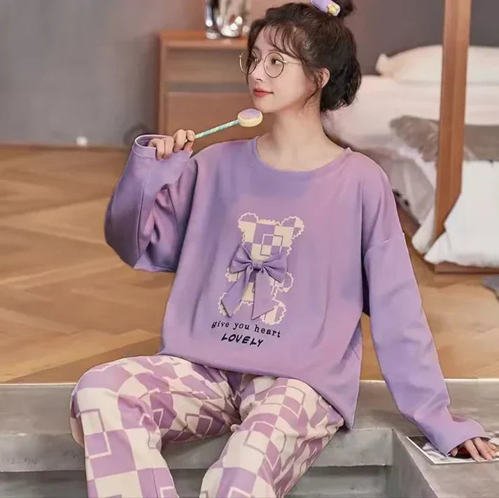 Purple Lovely Bear Full Sleeves Shirt and Printed Trouser Night Wear