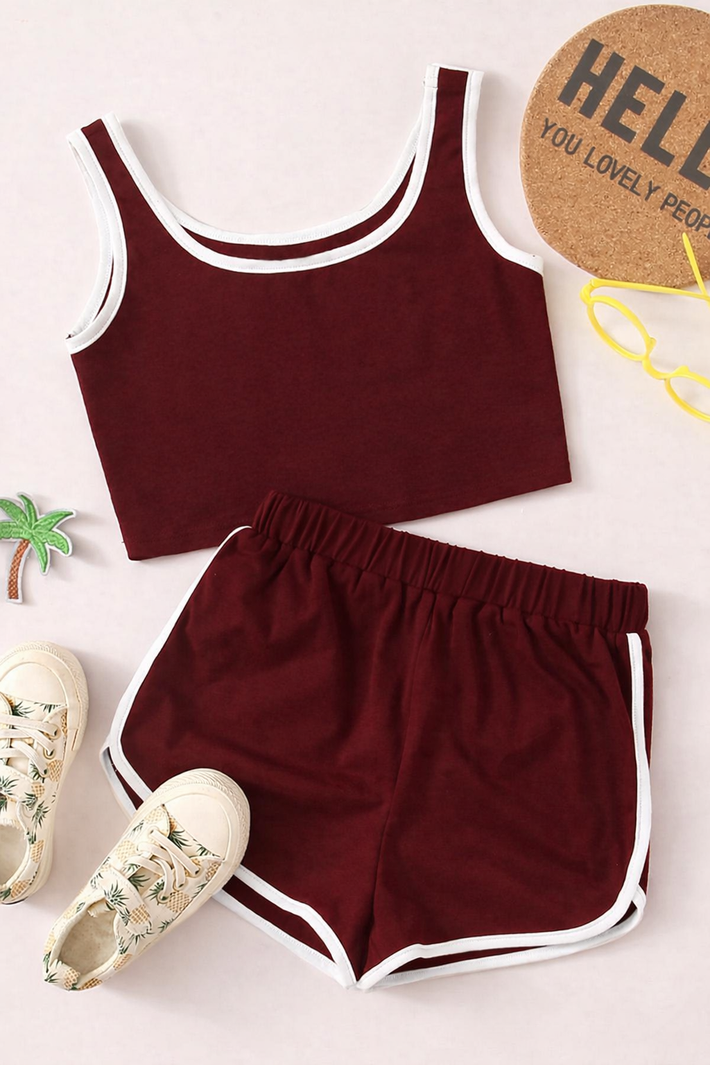 Mehroon With White Pipen Crop Top & Short Set